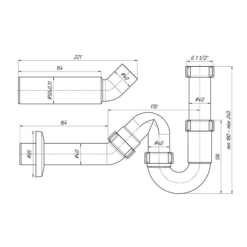 Sifons Aniplast DY0136EU. 1 1-2 x 40. bez ventiļa