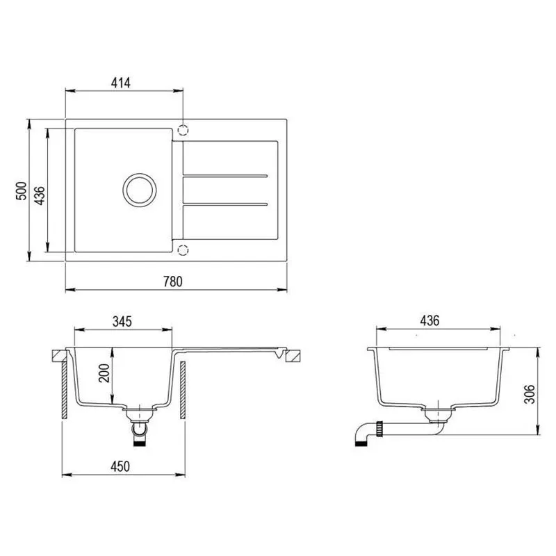 Virtuves izlietne Aquasanita Tesa SQT101-202AW, akmens masa, 78 cm x 50 cm x 20 cm, pelēka