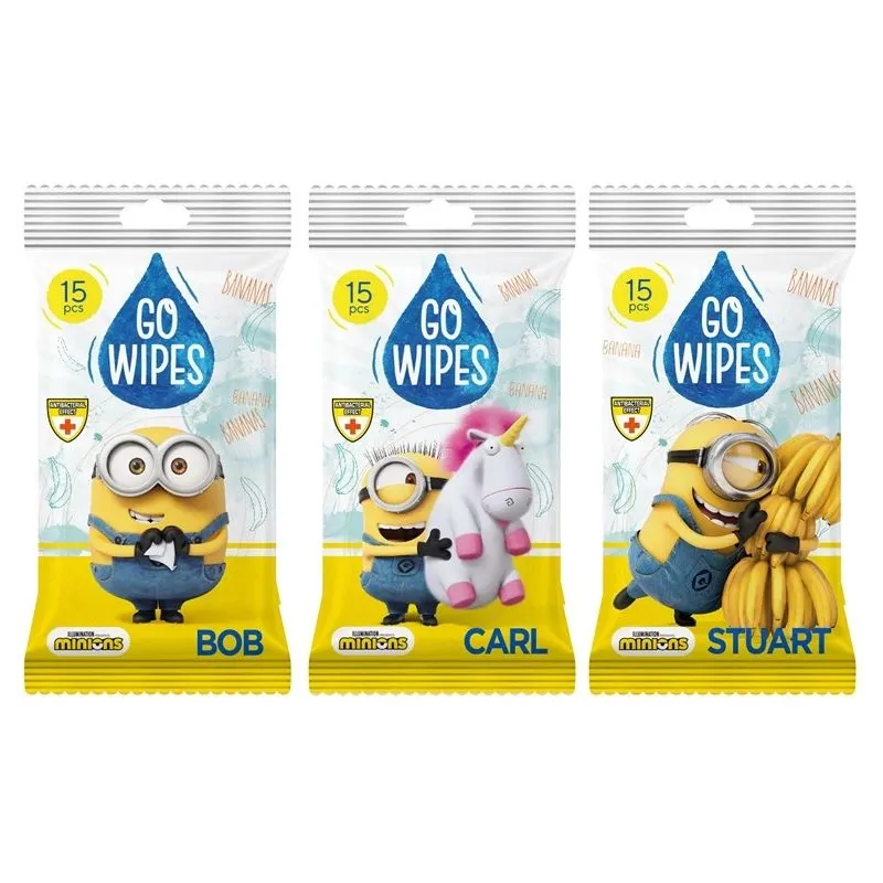 Mitrās salvetes GOWIPES MINIONS Antibakterinės, 1 sl, 15 gab.