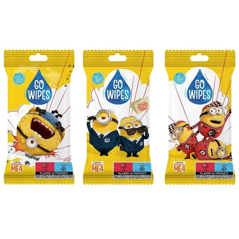 Mitrās salvetes GOWIPES MINIONS Antibakterinės, 1 sl, 15 gab.