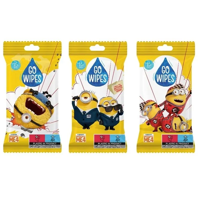 Mitrās salvetes GOWIPES MINIONS Antibakterinės, 1 sl, 15 gab.