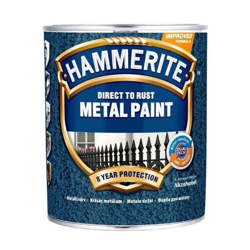 Emaljas krāsa, aizsargā metāla konstrukcijas pret koroziju Hammerite Hammered, spīdīga, 0.75 l, sudrabaini pelēka krās.