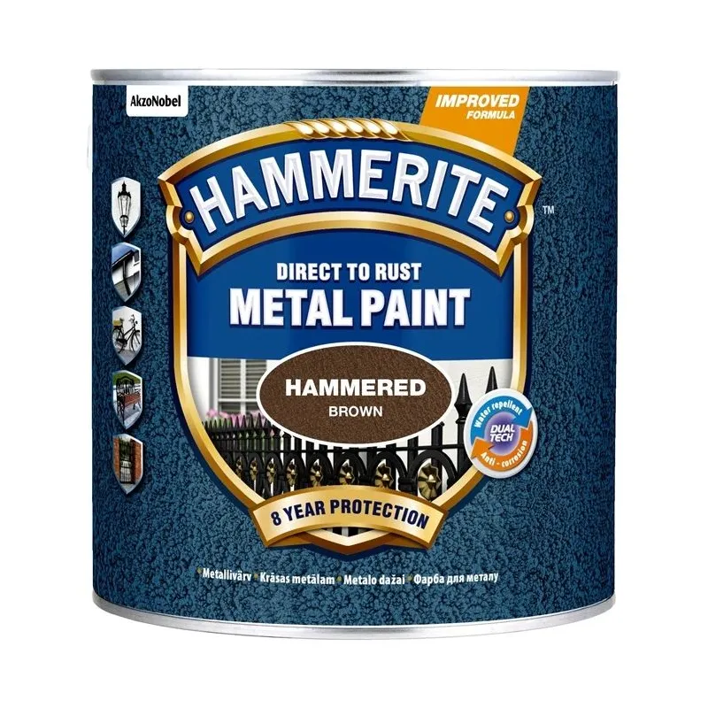 Emaljas krāsa, aizsargā metāla konstrukcijas pret koroziju Hammerite Hammered, spīdīga, 2.5 l, brūna krās.