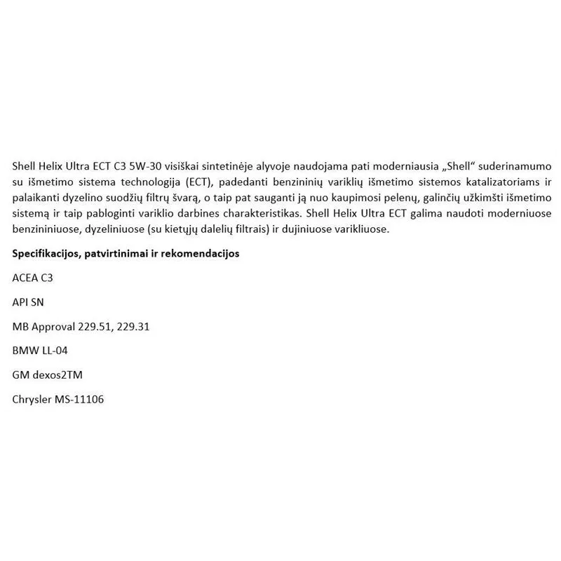 Motoreļļa Shell Helix Ultra ECT C3 Ultra ECT C3 5W - 30, sintētiskais, 1 l