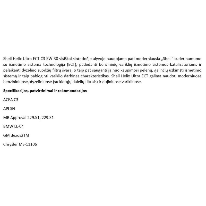 Motoreļļa shell hel ultra ect c3 5w30 5l