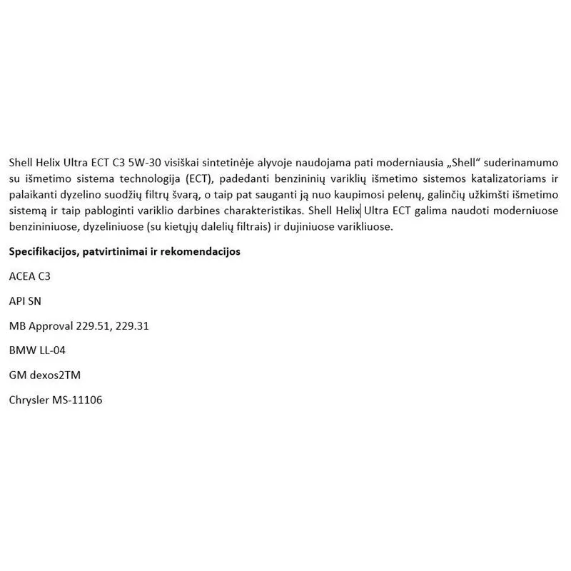 Motoreļļa Shell Ultra ECT C3 5W - 30, sintētiskais, 5 l