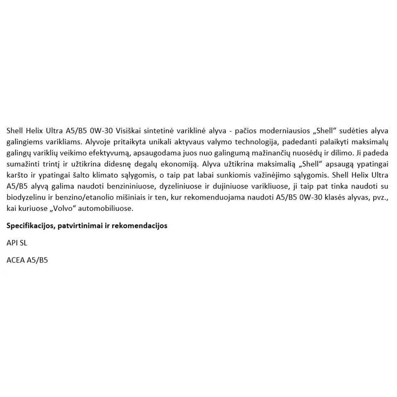 Motoreļļa Shell Helix Ultra A5-B5 0W - 30, sintētiskais, 1 l