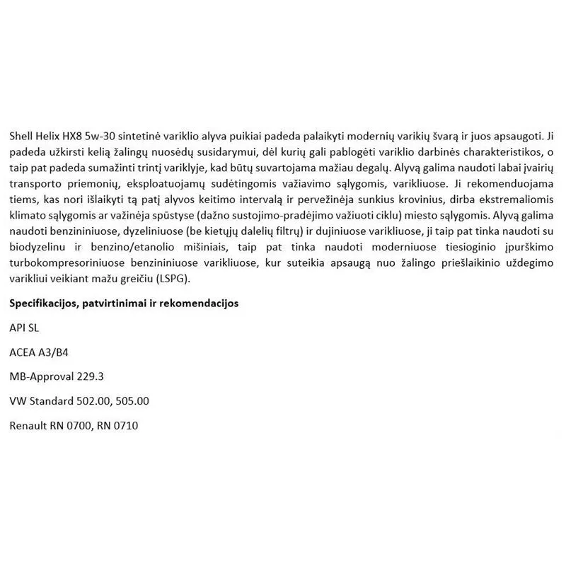 Auto dzinēja eļļa Shell Helix HX8 5W - 30, sintētiskais, 4 l