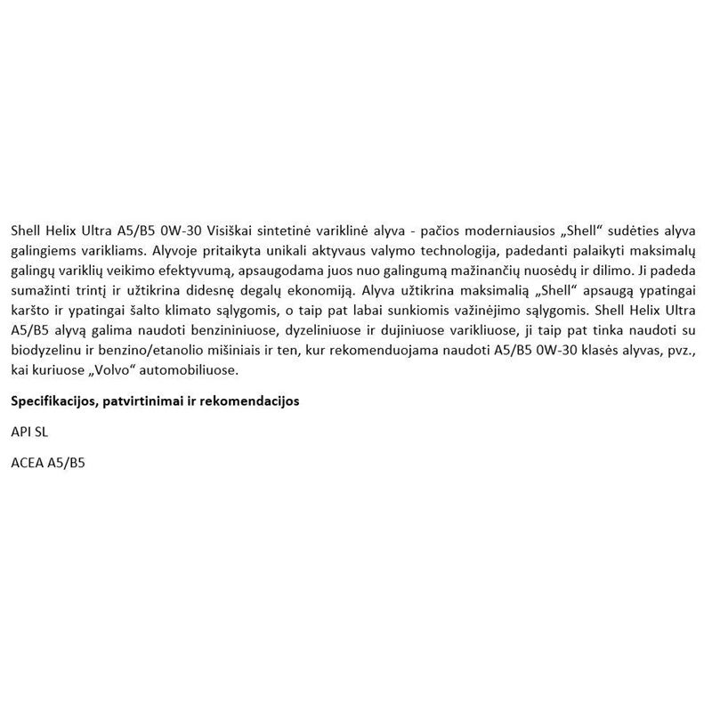 Variklių tepalai shell helix ultra 0w-30 a5-b5 4l