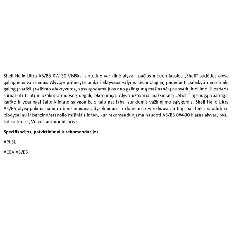 Motoreļļa Shell Helix Ultra A5-B5 0W - 30, sintētiskais, 4 l