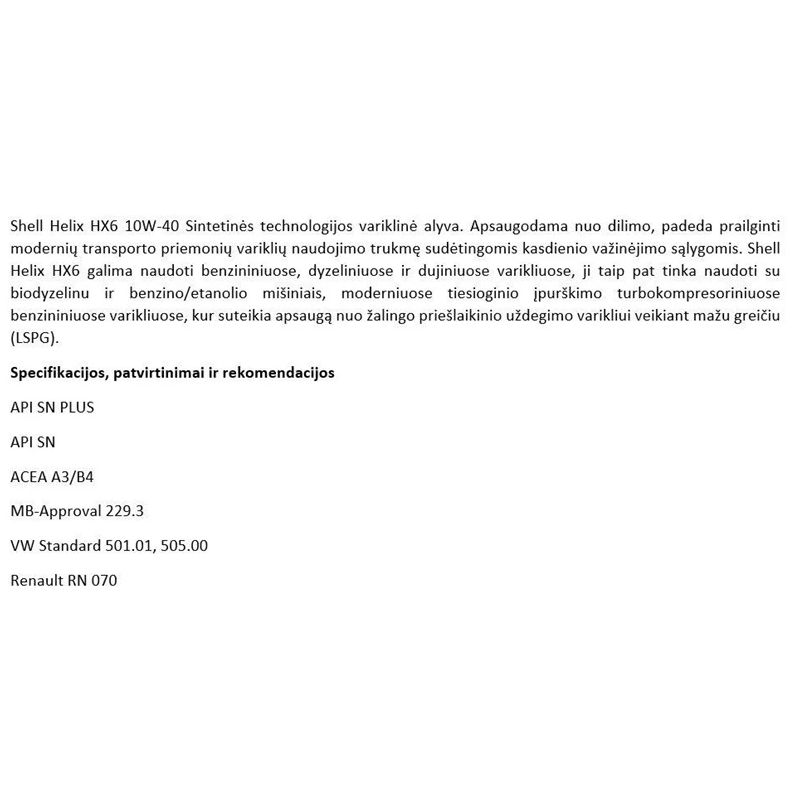 Automobilio variklio tepalas Shell Helix HX6. 10W-40. 1 l