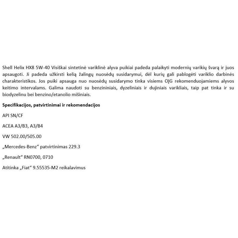 Eļļa Shell Helix HX8 5W - 40, sintētiskais, 1 l