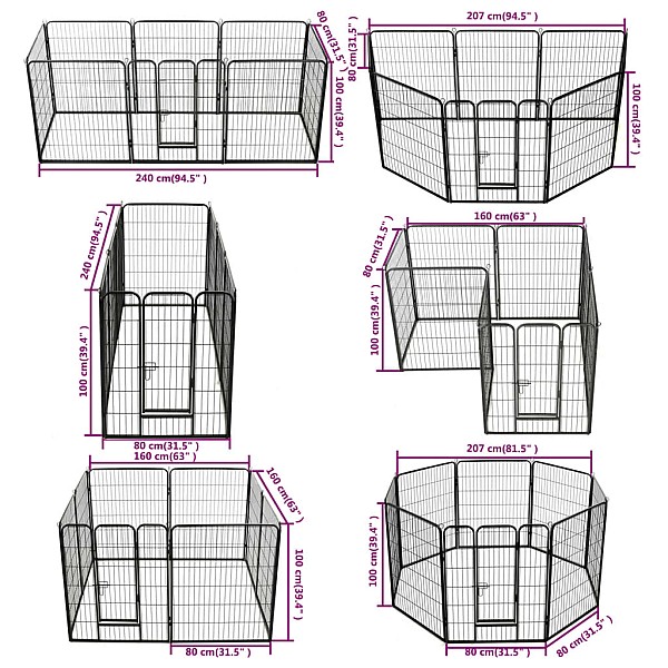 nožogojums suņiem, 8 paneļi, 80x100 cm, tērauds, melns