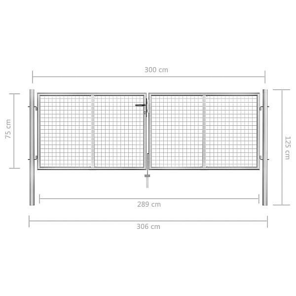 dārza vārti, 306x125 cm, cinkots tērauds, sudraba krāsā