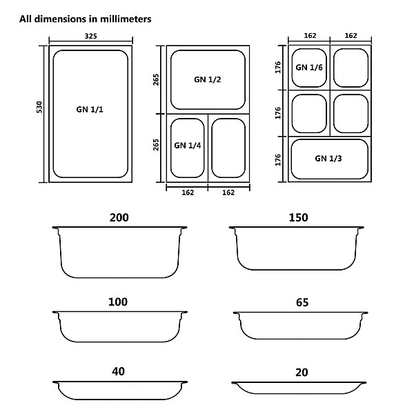 Gastronorm trauki, 8 gab., GN 1/2, 20 mm, nerūsējošs tērauds