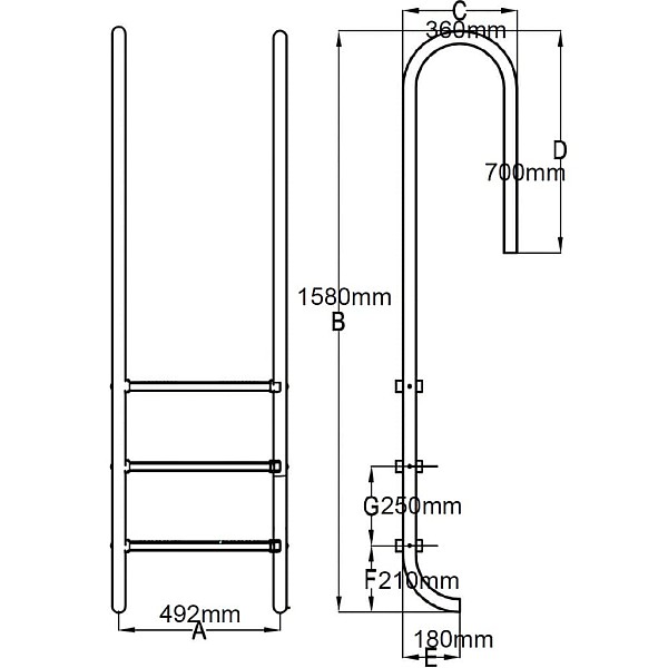 baseina kāpnes, 3 pakāpieni, nerūsējošs tērauds, 120 cm