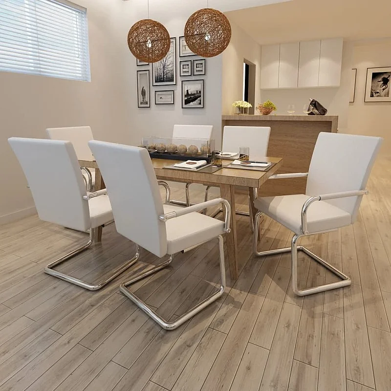 konsoles virtuves krēsli, 6 gab., balta mākslīgā āda