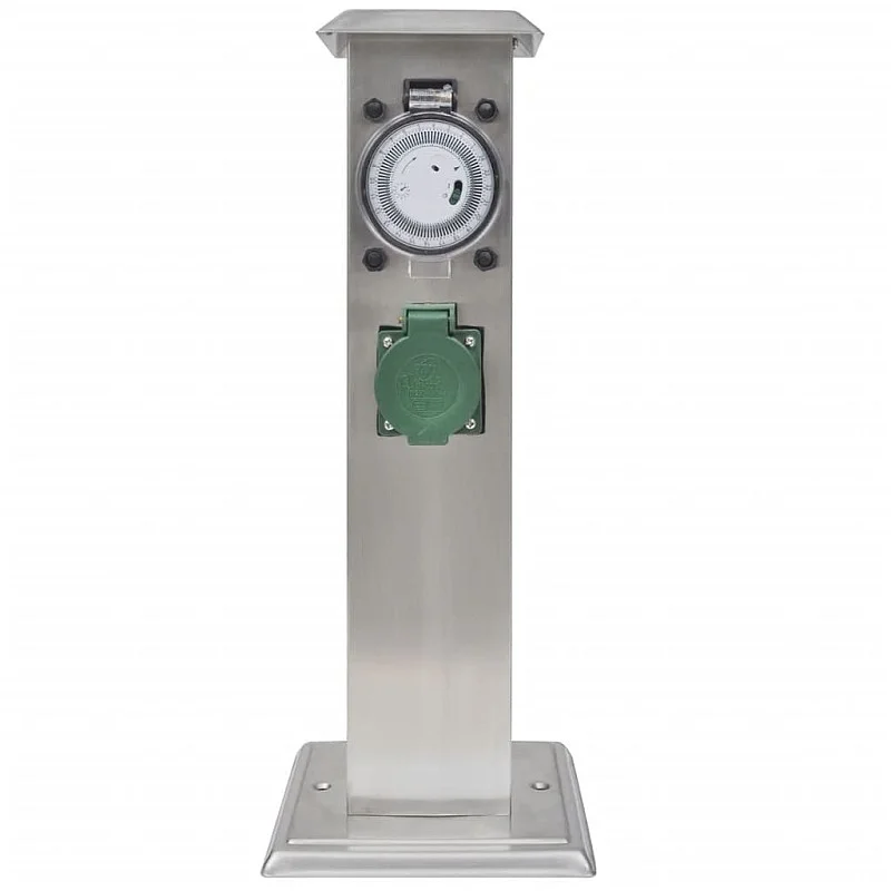 Nerūdijančio Plieno Stovas su Kištukiniais Lizdais Sodui su Laikmačiu Nerūdijančio Plieno Stovas su Kištukiniais Lizdais Sodui su Laikmačiu