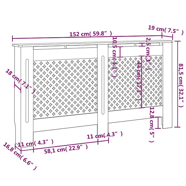 radiatora pārsegs, balts, 152x19x81,5 cm, MDF