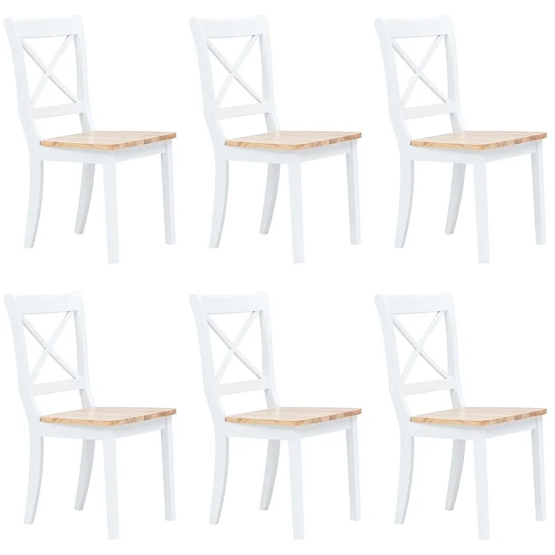 virtuves krēsli, 6 gab., balti, dabīga krāsa, masīvs gumijkoks