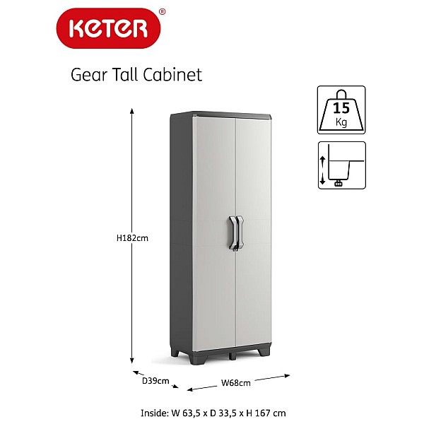 Keter skapis Gear ar plauktiem, melns un pelēks, 182 cm