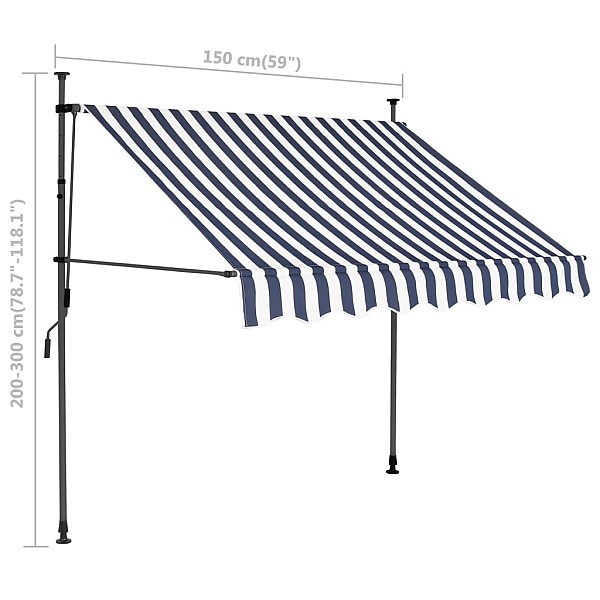 izvelkama markīze ar LED, manuāla, 150 cm, zila ar baltu