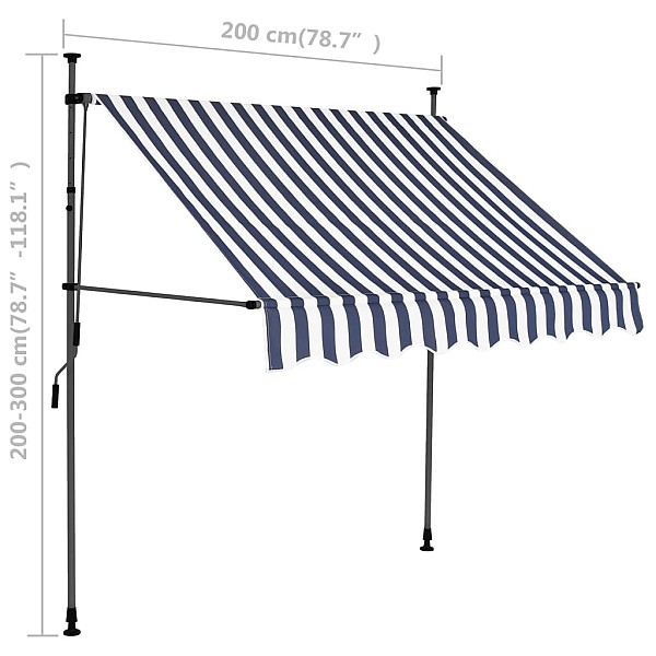 izvelkama markīze ar LED, manuāla, 200 cm, zila ar baltu