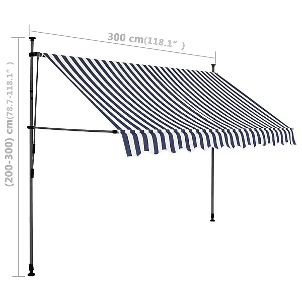 izvelkama markīze ar LED, manuāla, 300 cm, zila ar balta