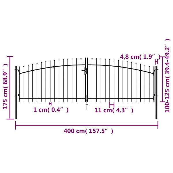 dārza vārti ar pīķiem augšpusē, divviru, 400x175 cm