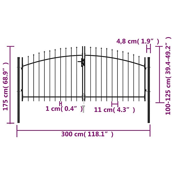 žoga vārti ar pīķiem, divviru, melni, 3x1,25 m, tērauds