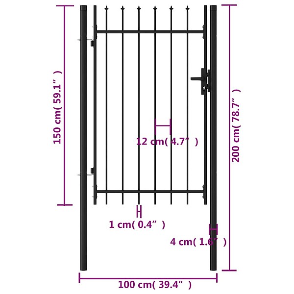 žoga vārti ar pīķiem augšpusē, melni, 1x1,5 m, tērauds