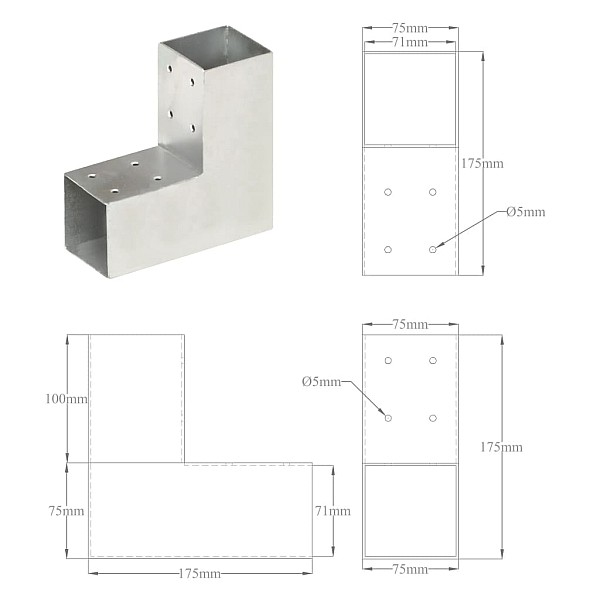 stabu savienotājs, L forma, cinkots metāls, 71x71 mm