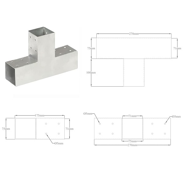 stabu savienotājs, T forma, cinkots metāls, 71x71 mm