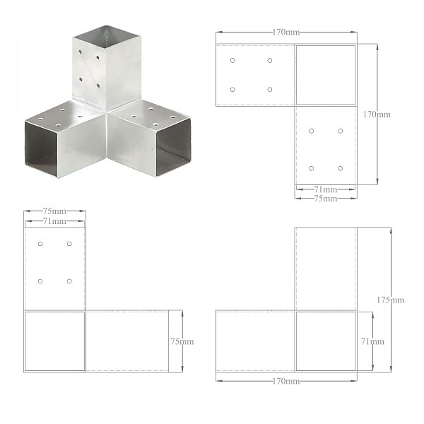 stabu savienotājs, Y forma, cinkots metāls, 71x71 mm