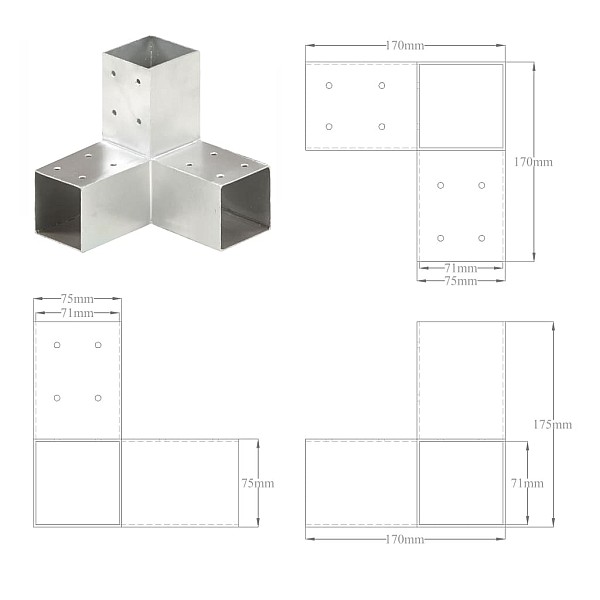 stabu savienotāji, Y forma, 4 gab., cinkots metāls, 71x71 mm