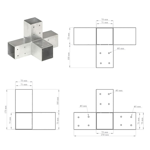 stabu savienotājs, X forma, cinkots metāls, 71x71 mm