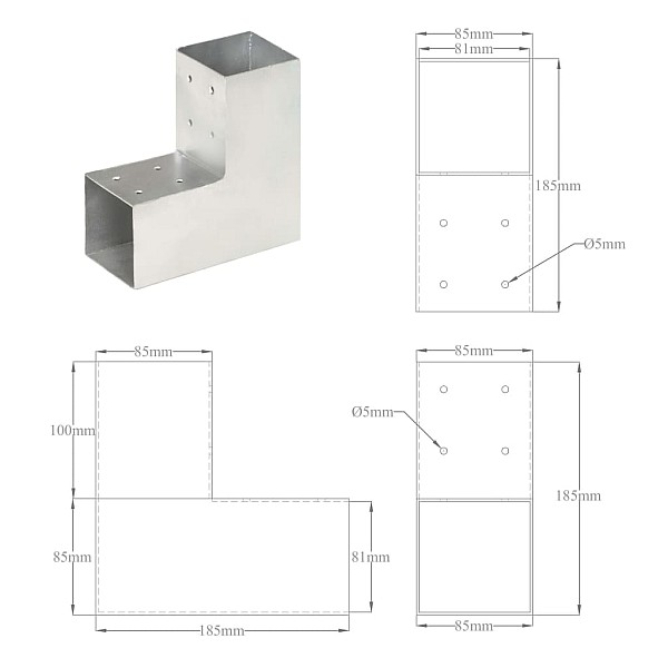 stabu savienotāji, 4 gab., L forma, cinkots metāls, 81x81 mm