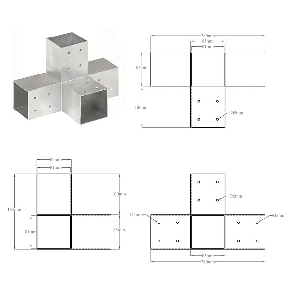 stabu savienotājs, X forma, cinkots metāls, 81x81 mm