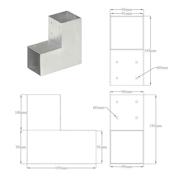 stabu savienotāji, 4 gab., L forma, cinkots metāls, 91x91 mm