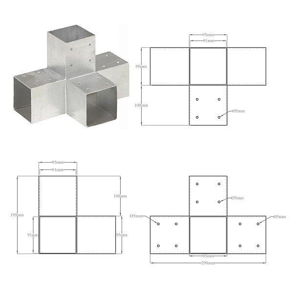 stabu savienotājs, X forma, cinkots metāls, 91x91 mm