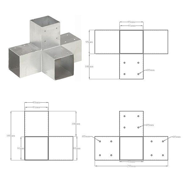 stabu savienotāji, 4 gab., X forma, cinkots metāls, 91x91 mm