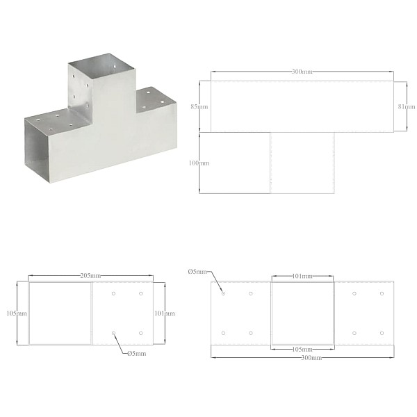 stabu savienotāji, T forma, 4 gab., cinkots metāls, 101x101 mm