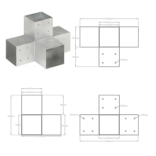 stabu savienotāji, X forma, 4 gab., cinkots metāls, 101x101 mm