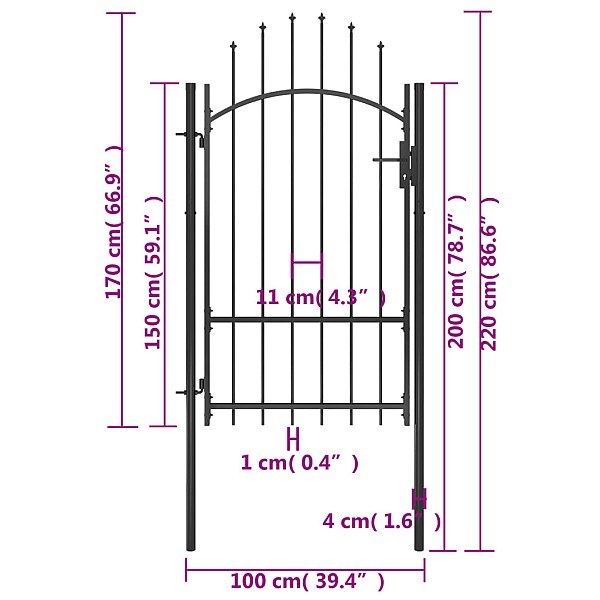 dārza vārti, tērauds, 1x2,2 m, melni