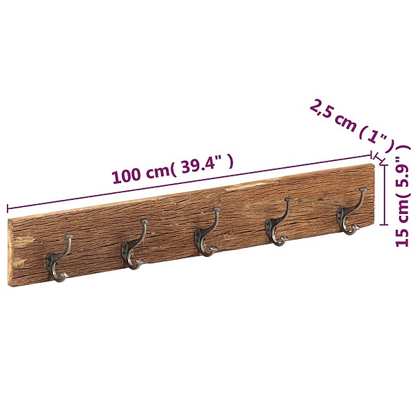 pakaramais ar 5 āķiem, 100x2,5x15 cm, pārstrādāts masīvkoks