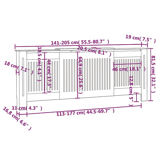 radiatora pārsegs, balts MDF, 205 cm