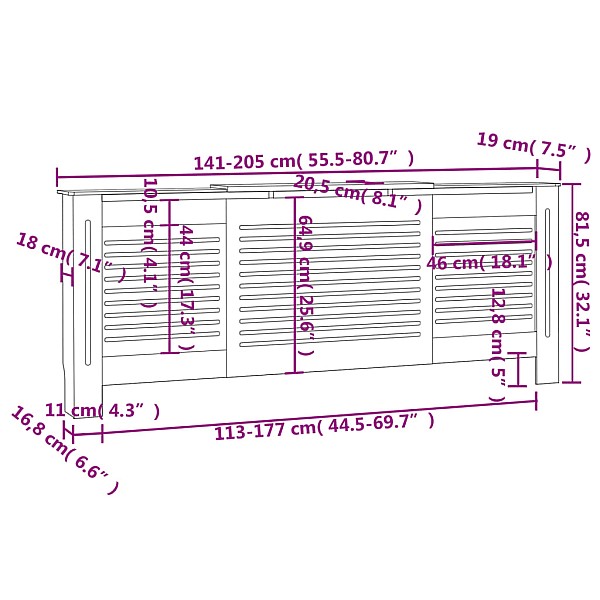 radiatora pārsegs, balts MDF, 205 cm