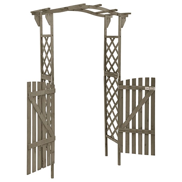 pergola ar vārtiem, 116x40x204 cm, pelēks egles masīvkoks