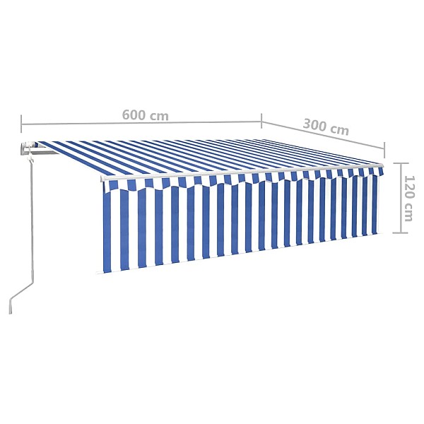 markīze ar žalūziju, LED, vēja sensoru, 6x3 m, zila ar baltu