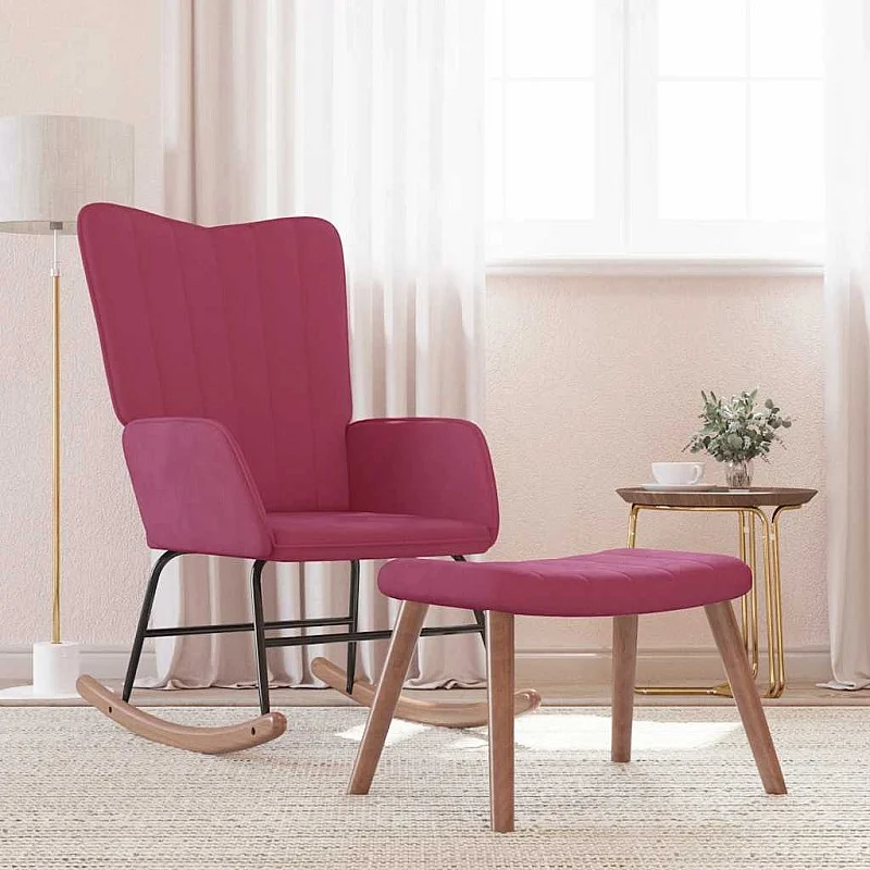 šūpuļkrēsls ar kāju balstu, vīnsarkans samts